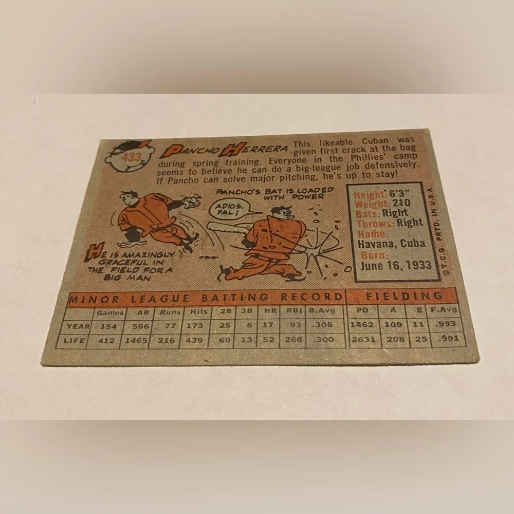 Pancho Herrera 1958 Topps Baseball Card #433 Philadelphia Phillies Vintage